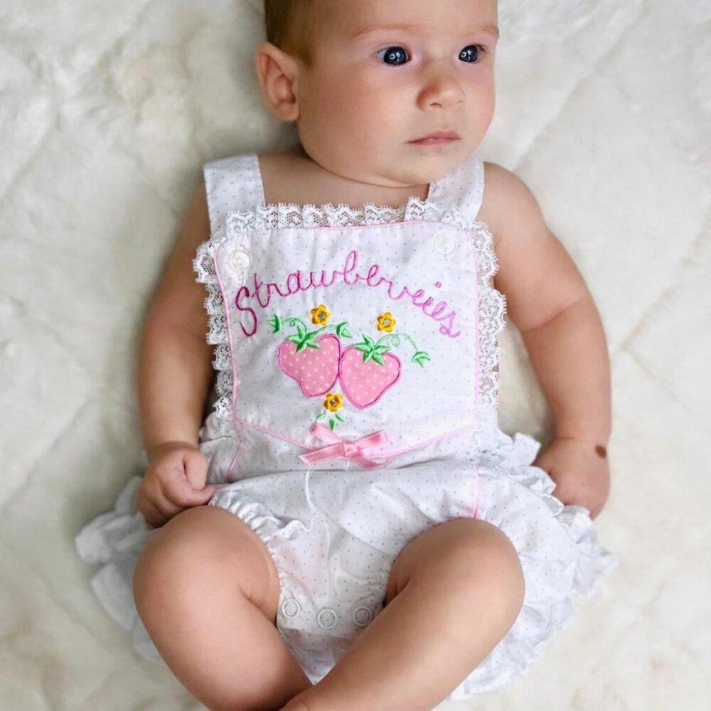 Vintage MayFair | "Strawberries" Embroidered Bubble Romper | Size 6-9 Months